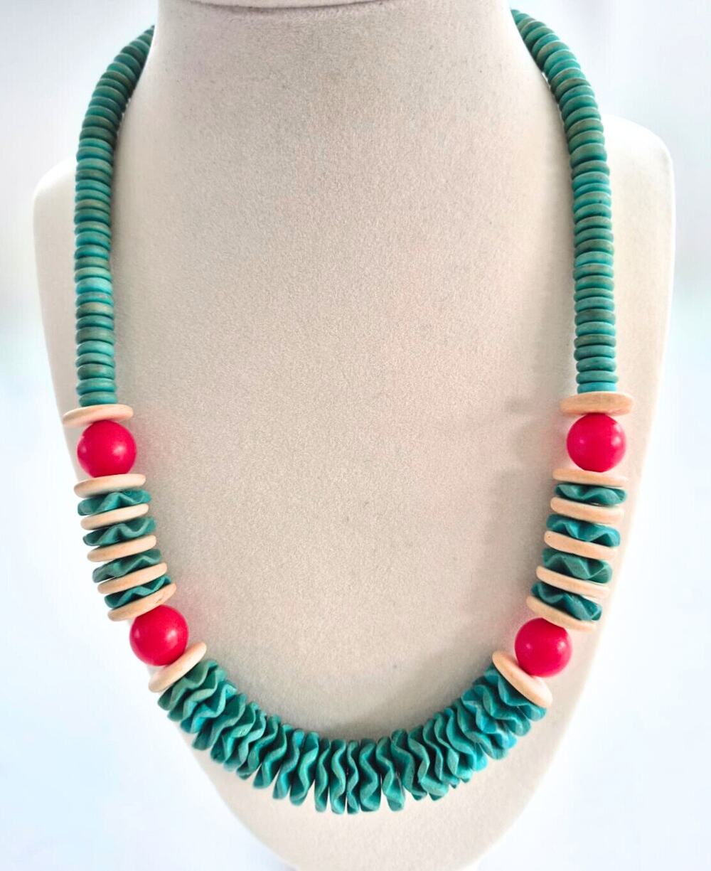 Vintage Necklace 1950's Chunky Statement Blue Red Bead Retro Boho